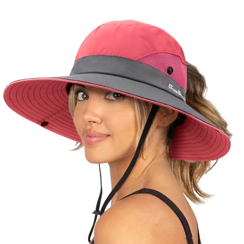 DRESHOW Damen Sonnenhut Outdoor UV-Schutz Hut faltbar Mesh breite Krempe Angeln Pferdeschwanz Strand Eimer Hüte von DRESHOW