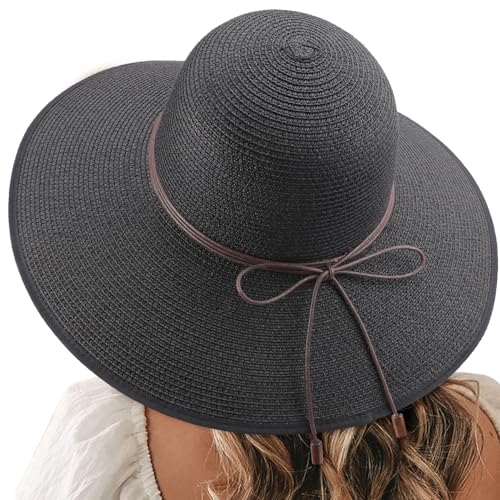 DRESHOW Damen Strohhut mit Breiter Krempe Diskette Faltbare Kappe Strand Sonnenhut UPF 50+ von DRESHOW