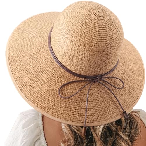 DRESHOW Damen Strohhut mit Breiter Krempe Diskette Faltbare Kappe Strand Sonnenhut UPF 50+ von DRESHOW