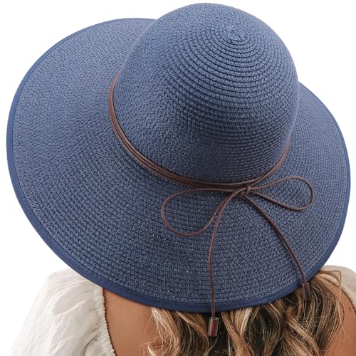 DRESHOW Damen Strohhut mit Breiter Krempe Diskette Faltbare Kappe Strand Sonnenhut UPF 50+ von DRESHOW