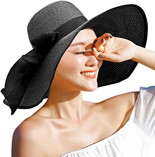 DRESHOW Damen Strohhut mit Breiter Krempe Diskette Faltbare Kappe Strand Sonnenhut UPF 50+ von DRESHOW