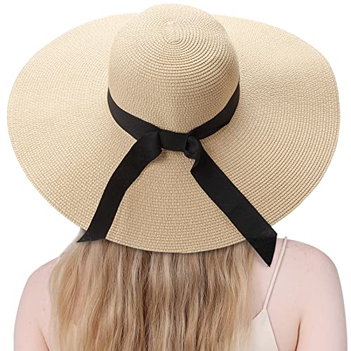 DRESHOW Damen Strohhut mit Breiter Krempe Diskette Faltbare Kappe Strand Sonnenhut UPF 50+ von DRESHOW