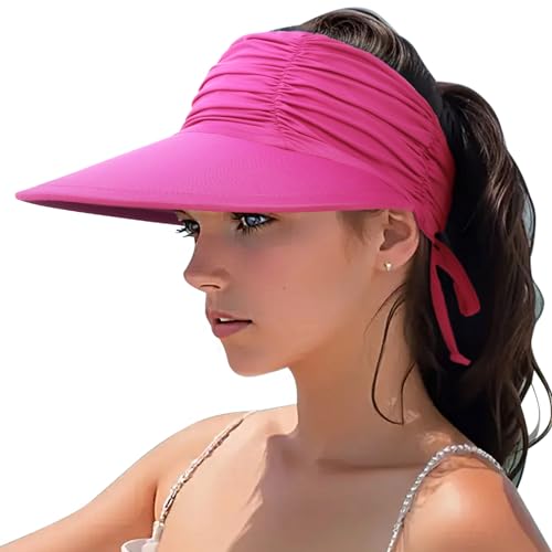 DRESHOW Damen Visor Sonnenhut Breite Krempe Hut Einstellbar Faltbarer Pferdeschwanz Strandhut Sommer UV Schutz Außen Hut UPF 50+ von DRESHOW