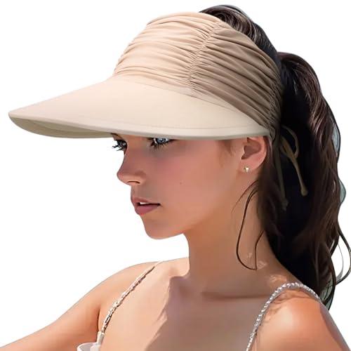 DRESHOW Damen Visor Sonnenhut Breite Krempe Hut Einstellbar Faltbarer Pferdeschwanz Strandhut Sommer UV Schutz Außen Hut UPF 50+ von DRESHOW