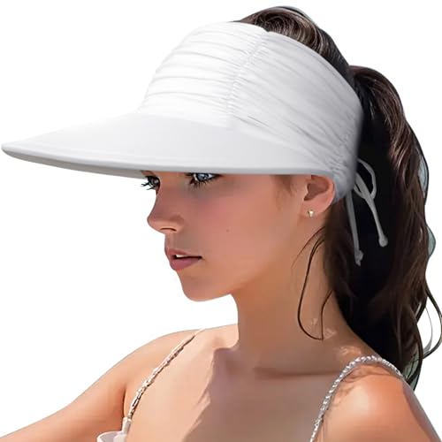 DRESHOW Damen Visor Sonnenhut Breite Krempe Hut Einstellbar Faltbarer Pferdeschwanz Strandhut Sommer UV Schutz Außen Hut UPF 50+ von DRESHOW