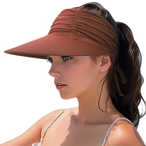 DRESHOW Damen Visor Sonnenhut Breite Krempe Hut Einstellbar Faltbarer Pferdeschwanz Strandhut Sommer UV Schutz Außen Hut UPF 50+ von DRESHOW