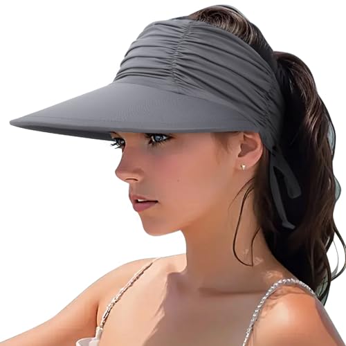 DRESHOW Damen Visor Sonnenhut Breite Krempe Hut Einstellbar Faltbarer Pferdeschwanz Strandhut Sommer UV Schutz Außen Hut UPF 50+ von DRESHOW