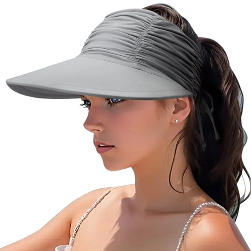 DRESHOW Damen Visor Sonnenhut Breite Krempe Hut Einstellbar Faltbarer Pferdeschwanz Strandhut Sommer UV Schutz Außen Hut UPF 50+ von DRESHOW