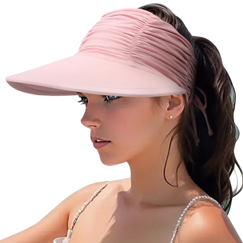 DRESHOW Damen Visor Sonnenhut Breite Krempe Hut Einstellbar Faltbarer Pferdeschwanz Strandhut Sommer UV Schutz Außen Hut UPF 50+ von DRESHOW