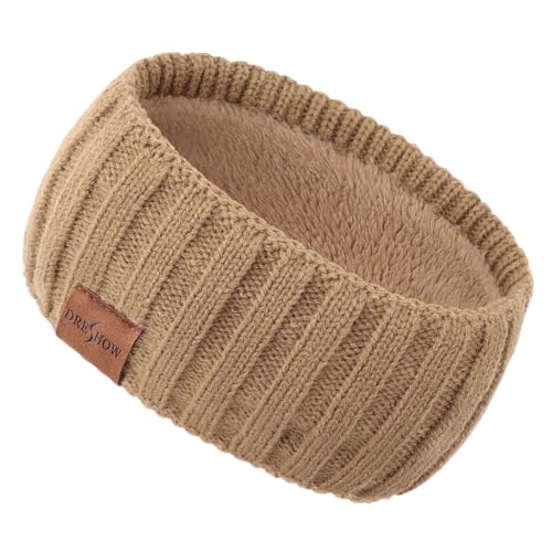 DRESHOW Damen Warm Gestricktes Stirnband Winter Ohrenwärmer Elastische Gehäkelte Kopfwickel Dickes Fleecefutter Haarbänder von DRESHOW