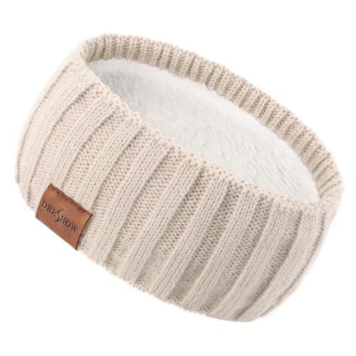 DRESHOW Damen Warm Gestricktes Stirnband Winter Ohrenwärmer Elastische Gehäkelte Kopfwickel Dickes Fleecefutter Haarbänder von DRESHOW