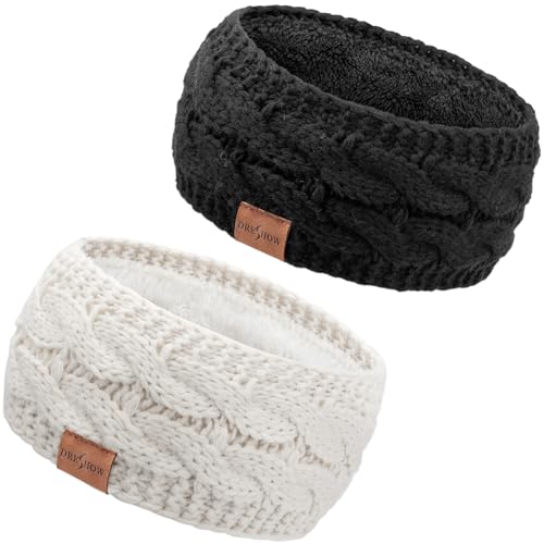 DRESHOW Damen Warm Gestricktes Stirnband Winter Ohrenwärmer Elastische Gehäkelte Kopfwickel Dickes Fleecefutter Haarbänder von DRESHOW