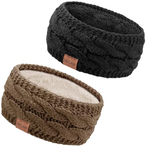 DRESHOW Damen Warm Gestricktes Stirnband Winter Ohrenwärmer Elastische Gehäkelte Kopfwickel Dickes Fleecefutter Haarbänder von DRESHOW