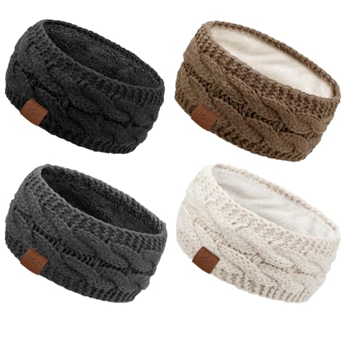 DRESHOW Damen Warm Gestricktes Stirnband Winter Ohrenwärmer Elastische Gehäkelte Kopfwickel Dickes Fleecefutter Haarbänder von DRESHOW