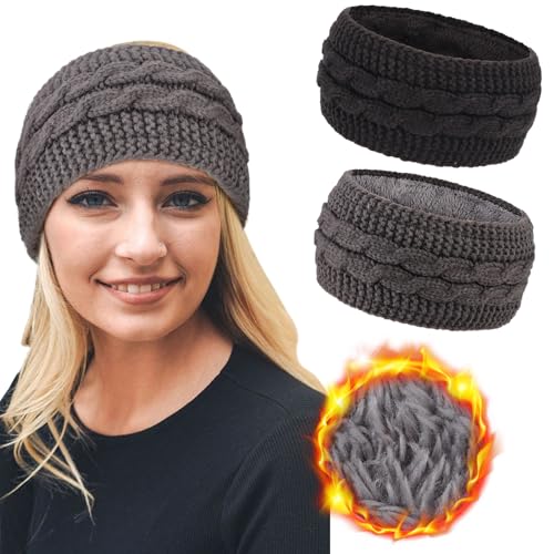 DRESHOW Damen Warm Gestricktes Stirnband Winter Ohrenwärmer Gehäkelte Kopfwickel Dickes Fleecefutter Haarbänder von DRESHOW