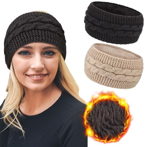 DRESHOW Damen Warm Gestricktes Stirnband Winter Ohrenwärmer Gehäkelte Kopfwickel Dickes Fleecefutter Haarbänder von DRESHOW