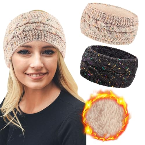 DRESHOW Damen Warm Gestricktes Stirnband Winter Ohrenwärmer Gehäkelte Kopfwickel Dickes Fleecefutter Haarbänder von DRESHOW