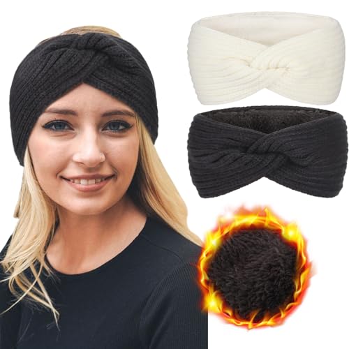 DRESHOW Damen Warm Gestricktes Stirnband Winter Ohrenwärmer Gehäkelte Kopfwickel Dickes Fleecefutter Haarbänder von DRESHOW