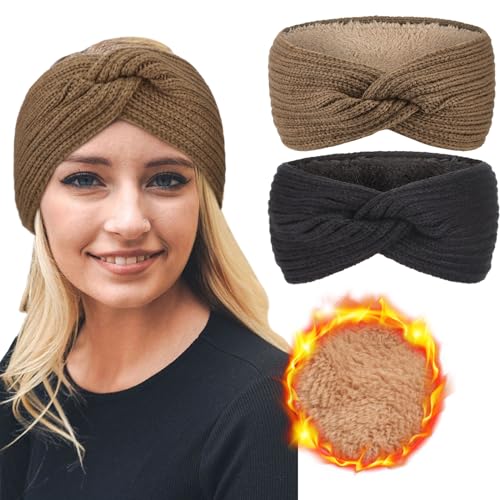 DRESHOW Damen Warm Gestricktes Stirnband Winter Ohrenwärmer Gehäkelte Kopfwickel Dickes Fleecefutter Haarbänder von DRESHOW