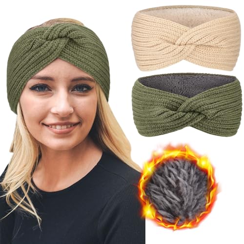 DRESHOW Damen Warm Gestricktes Stirnband Winter Ohrenwärmer Gehäkelte Kopfwickel Dickes Fleecefutter Haarbänder von DRESHOW