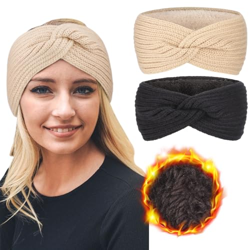 DRESHOW Damen Warm Gestricktes Stirnband Winter Ohrenwärmer Gehäkelte Kopfwickel Dickes Fleecefutter Haarbänder von DRESHOW