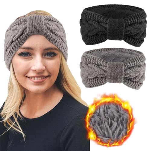 DRESHOW Damen Warm Gestricktes Stirnband Winter Ohrenwärmer Gehäkelte Kopfwickel Dickes Fleecefutter Haarbänder von DRESHOW