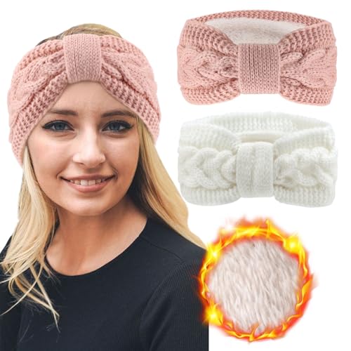 DRESHOW Damen Warm Gestricktes Stirnband Winter Ohrenwärmer Gehäkelte Kopfwickel Dickes Fleecefutter Haarbänder von DRESHOW