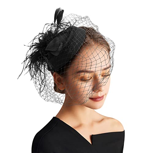 DRESHOW Fascinator Hüte für Damen Pillbox Hut mit Schleier Stirnband und Einer Gegabelten Clip Tea Party Kopfbedeckung von DRESHOW