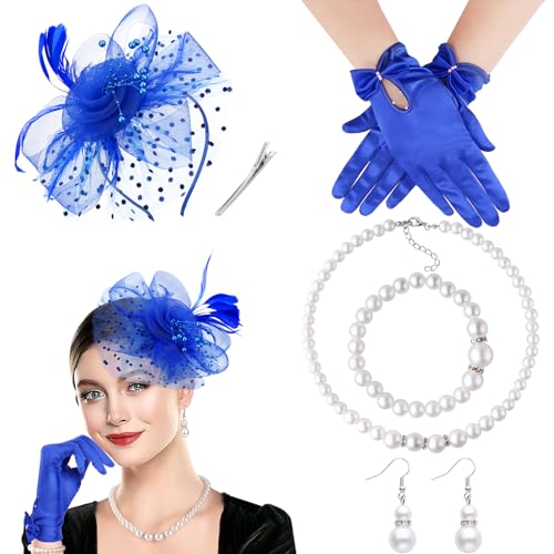 DRESHOW Fascinator Hüte für Damen Schleier Mesh Tea Party Hut Feder Pillbox Hut und Handschuhe Perlenschmuck Set für Cocktail 1920er Party Kopfbedeckung DRESHOW Fascinator Hüte für Damen Schleier Mesh Tea Party Hut Feder Pillbox Hut und Handschuhe Perlenschmuck Set für Cocktail 1920er Party Kopfbedeckung von DRESHOW