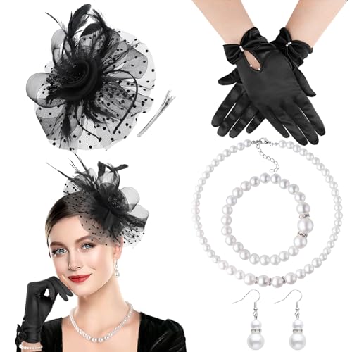 DRESHOW Fascinator Hüte für Damen Schleier Mesh Tea Party Hut Feder Pillbox Hut und Handschuhe Perlenschmuck Set für Cocktail 1920er Party Kopfbedeckung von DRESHOW