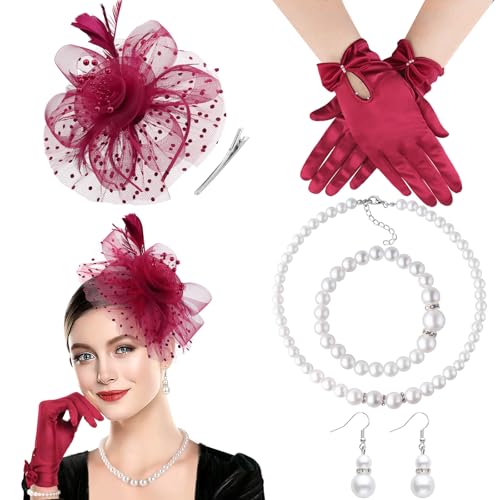 DRESHOW Fascinator Hüte für Damen Schleier Mesh Tea Party Hut Feder Pillbox Hut und Handschuhe Perlenschmuck Set für Cocktail 1920er Party Kopfbedeckung von DRESHOW