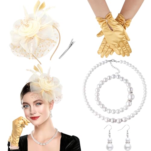 DRESHOW Fascinator Hüte für Damen Schleier Mesh Tea Party Hut Feder Pillbox Hut und Handschuhe Perlenschmuck Set für Cocktail 1920er Party Kopfbedeckung DRESHOW Fascinator Hüte für Damen Schleier Mesh Tea Party Hut Feder Pillbox Hut und Handschuhe Perlenschmuck Set für Cocktail 1920er Party Kopfbedeckung von DRESHOW