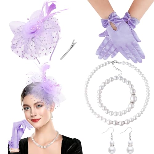 DRESHOW Fascinator Hüte für Damen Schleier Mesh Tea Party Hut Feder Pillbox Hut und Handschuhe Perlenschmuck Set für Cocktail 1920er Party Kopfbedeckung von DRESHOW