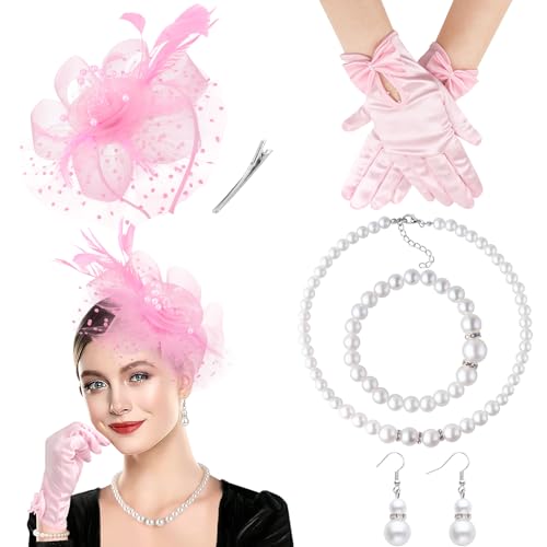 DRESHOW Fascinator Hüte für Damen Schleier Mesh Tea Party Hut Feder Pillbox Hut und Handschuhe Perlenschmuck Set für Cocktail 1920er Party Kopfbedeckung DRESHOW Fascinator Hüte für Damen Schleier Mesh Tea Party Hut Feder Pillbox Hut und Handschuhe Perlenschmuck Set für Cocktail 1920er Party Kopfbedeckung von DRESHOW