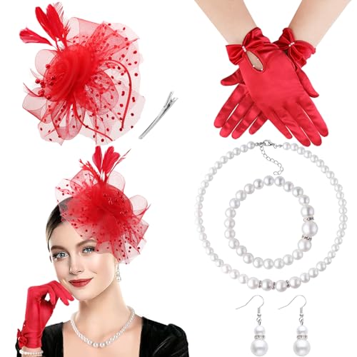 DRESHOW Fascinator Hüte für Damen Schleier Mesh Tea Party Hut Feder Pillbox Hut und Handschuhe Perlenschmuck Set für Cocktail 1920er Party Kopfbedeckung DRESHOW Fascinator Hüte für Damen Schleier Mesh Tea Party Hut Feder Pillbox Hut und Handschuhe Perlenschmuck Set für Cocktail 1920er Party Kopfbedeckung von DRESHOW