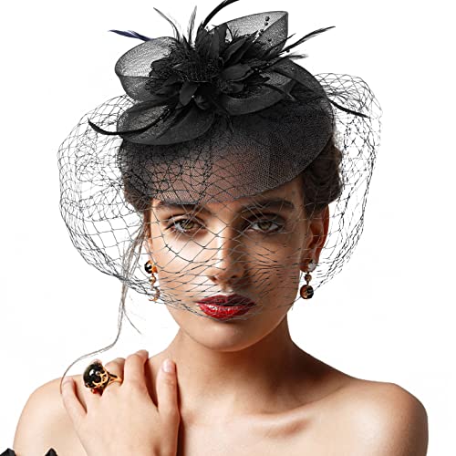 DRESHOW Fascinator Hüte für Damen Pillbox Hut mit Schleier Stirnband und Einer Gegabelten Clip Tea Party Kopfbedeckung von DRESHOW