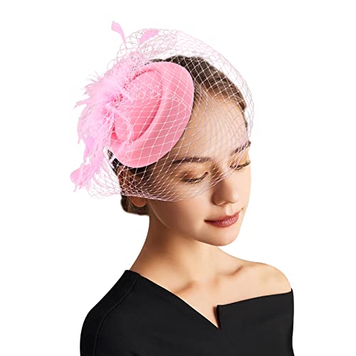 DRESHOW Fascinator Hüte für Damen Pillbox Hut mit Schleier Stirnband und Einer Gegabelten Clip Tea Party Kopfbedeckung von DRESHOW