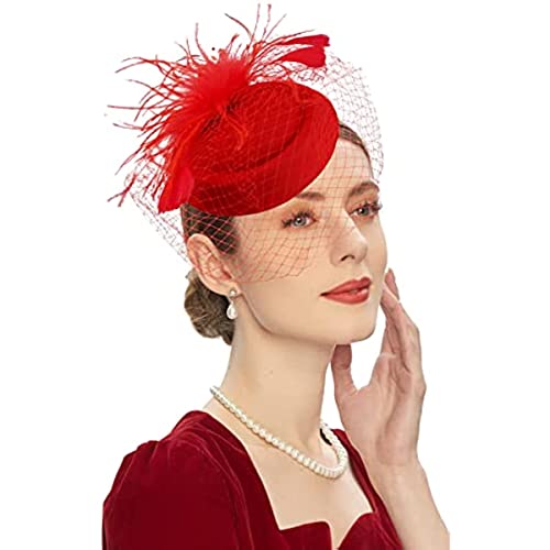DRESHOW Fascinator Hüte für Damen Pillbox Hut mit Schleier Stirnband und Einer Gegabelten Clip Tea Party Kopfbedeckung von DRESHOW