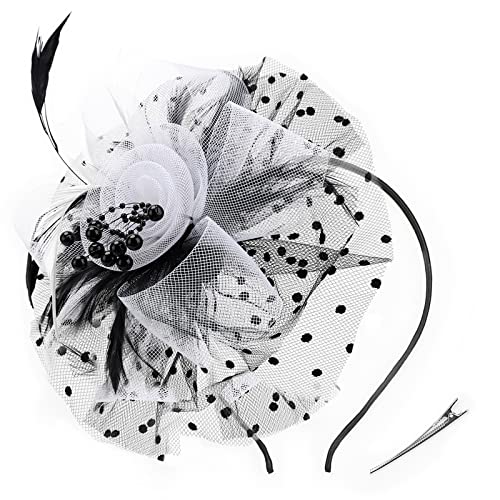 DRESHOW Fascinators Hut Blume Mesh Bänder Federn auf einem Stirnband und Einem Geteilten Clip Cocktail Tea Party Headwear für Mädchen und Damen von DRESHOW