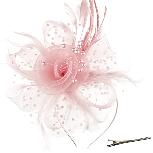 DRESHOW Fascinators Hut Blume Mesh Bänder Federn auf einem Stirnband und Einem Geteilten Clip Cocktail Tea Party Headwear für Mädchen und Damen von DRESHOW