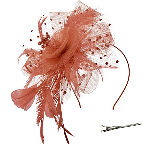 DRESHOW Fascinators Hut Blume Mesh Bänder Federn auf einem Stirnband und Einem Geteilten Clip Cocktail Tea Party Headwear für Mädchen und Damen von DRESHOW