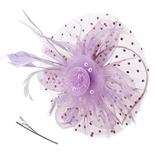 DRESHOW Fascinators Hut Blume Mesh Bänder Federn auf einem Stirnband und Einem Geteilten Clip Cocktail Tea Party Headwear für Mädchen und Damen von DRESHOW