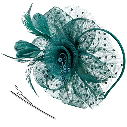 DRESHOW Fascinators Hut Blume Mesh Bänder Federn auf einem Stirnband und Einem Geteilten Clip Cocktail Tea Party Headwear für Mädchen und Damen von DRESHOW