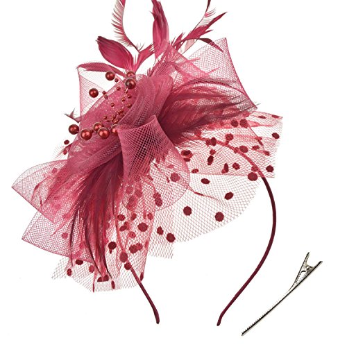 DRESHOW Fascinators Hut Blume Mesh Bänder Federn auf einem Stirnband und einem geteilten Clip Cocktail Tea Party Headwear für Mädchen und Frauen, - Burgundy - Gr. Einheitsgröße von DRESHOW