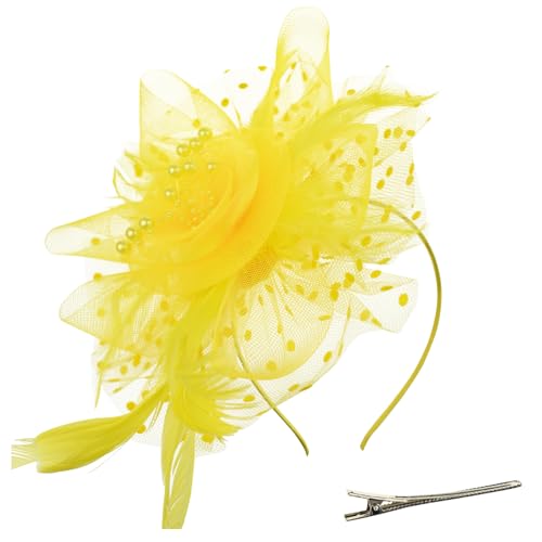 DRESHOW Fascinators Hut Blume Mesh Bänder Federn auf einem Stirnband und einem geteilten Clip Cocktail Tea Party Headwear für Mädchen und Frauen, - Gelb - Gr. Einheitsgröße von DRESHOW