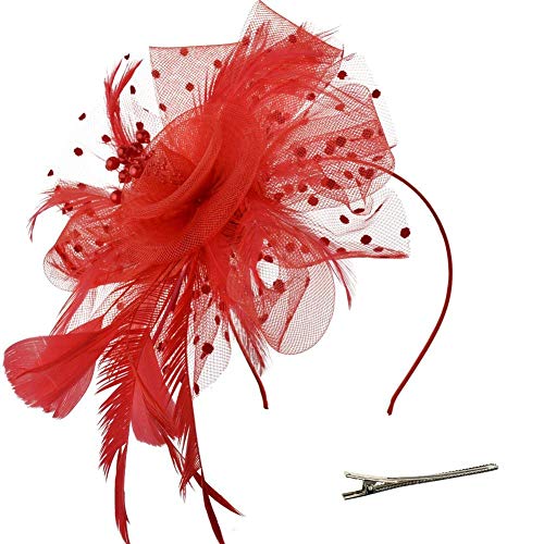 DRESHOW Fascinators Hut Blume Mesh Bänder Federn auf einem Stirnband und einem geteilten Clip Cocktail Tea Party Headwear für Mädchen und Frauen, - Rot - Gr. Einheitsgröße von DRESHOW