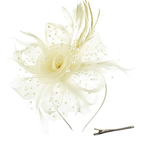 DRESHOW Fascinators Hut Blume Mesh Bänder Federn auf einem Stirnband und einem geteilten Clip Cocktail Tea Party Headwear für Mädchen und Frauen,Beige,Einheitsgröße von DRESHOW