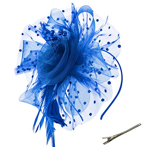 DRESHOW Fascinators Hut Blume Mesh Bänder Federn auf einem Stirnband und einem geteilten Clip Cocktail Tea Party Headwear für Mädchen und Frauen,Blau,Einheitsgröße von DRESHOW