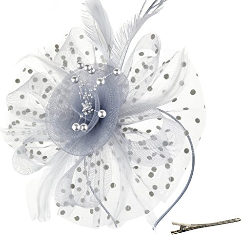 DRESHOW Fascinators Hut Blume Mesh Bänder Federn auf einem Stirnband und einem geteilten Clip Cocktail Tea Party Headwear für Mädchen und Frauen,Grey,Einheitsgröße von DRESHOW