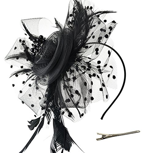 DRESHOW Fascinators Hut Blume Mesh Bänder Federn auf einem Stirnband und einem geteilten Clip Cocktail Tea Party Headwear für Mädchen und Frauen,Schwarz,Einheitsgröße von DRESHOW